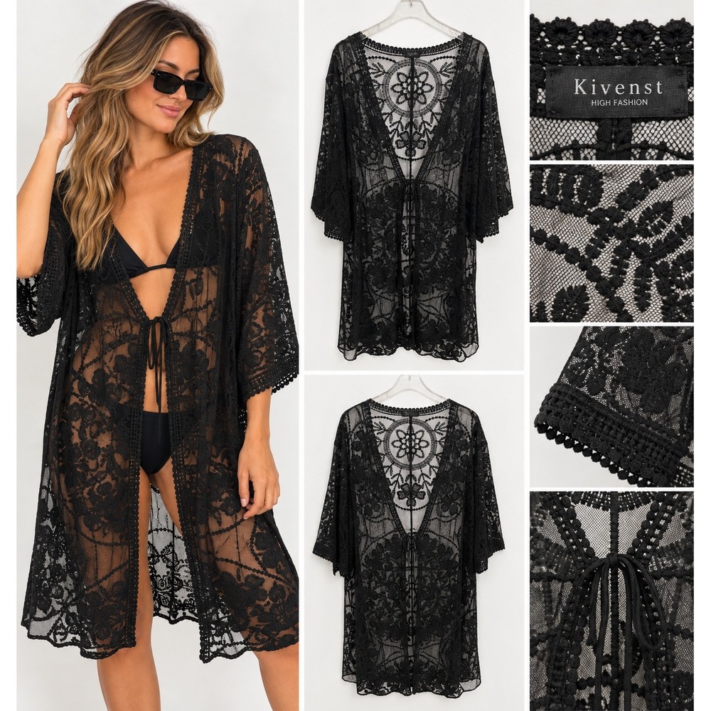 Kivenst Black Floral Lace Kimono Sheer Swim Cover Up Boho Festival Cardigan